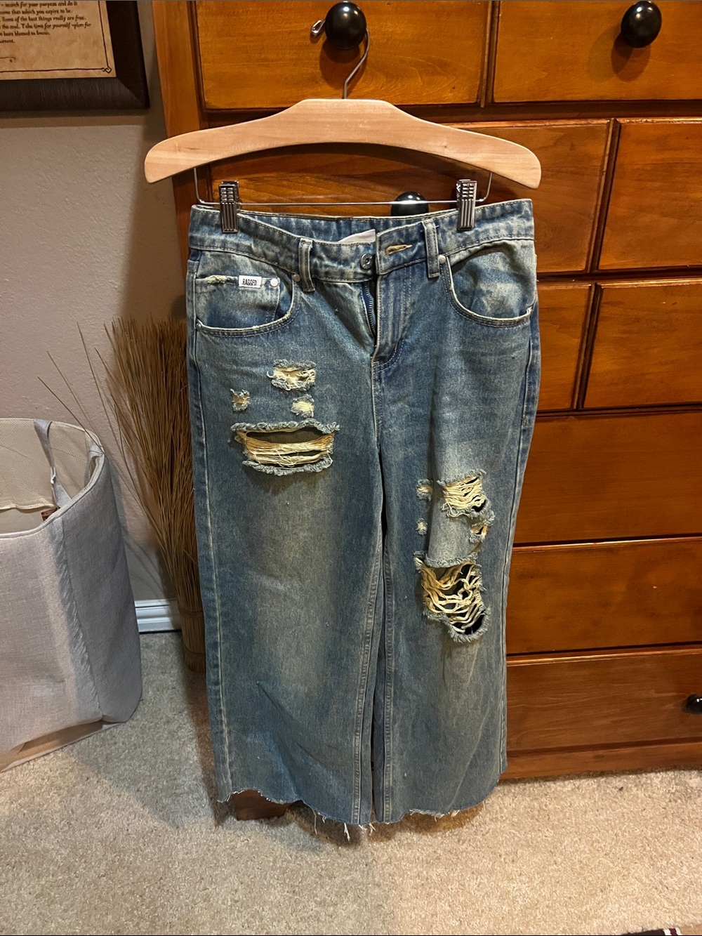 Distressed Wide Leg Women's Jeans - Blue